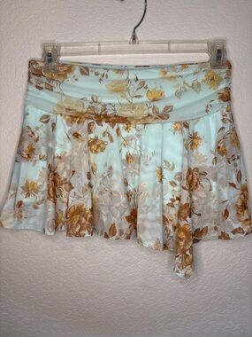 Floral A-Line Mini Skirt in Light Blue and Brown